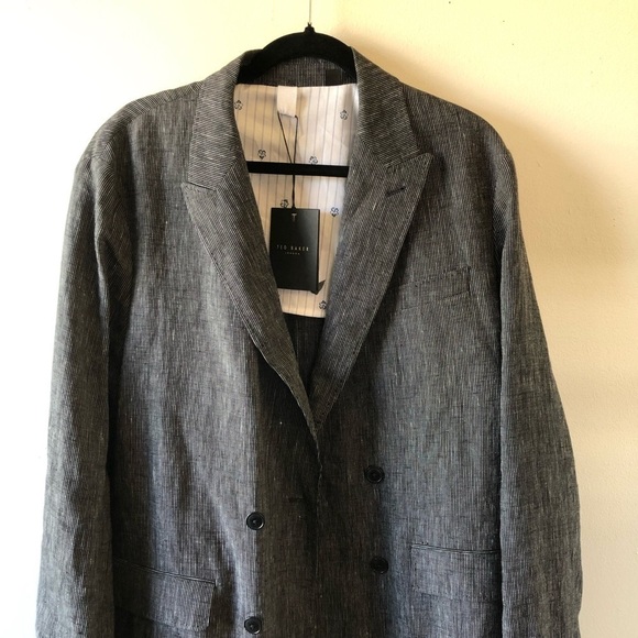 Ted Baker Black Naver-Fine Striped Linen Double-Breasted Blazer 4 40 - Picture 6 of 16